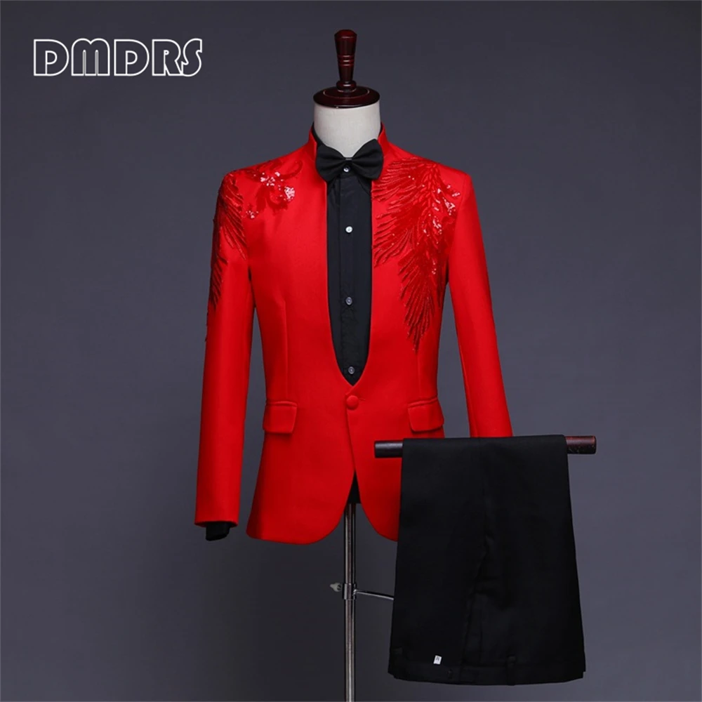 Conjunto de traje con lentejuelas y cuello tipo chal para hombre, esmoquin de 2 piezas con patrón de plumas, chaqueta, pantalones, disfraces de actuación, ropa de vestir