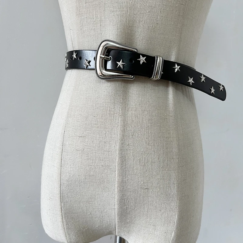 Women's Runway Fashion Star Rivet Genuine Leather Cummerbunds Female Dress Corsets Waistband Belts decoration Narrow Belt TB2879