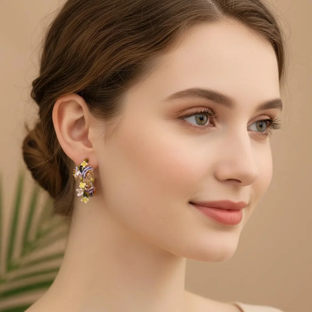 

Vintage C-Shape Colorful Enamel Floral Earrings for Women, Unique Brass Bohemian Flower Studs Earrings, Handmade Gift for Her