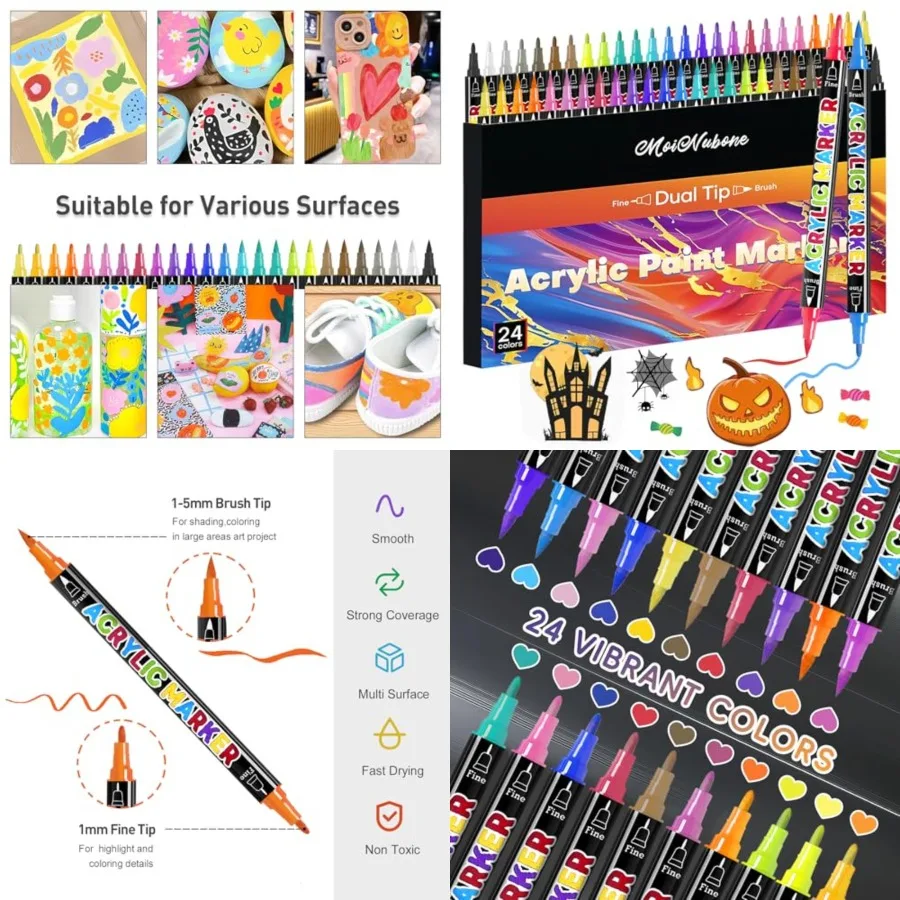 

24 Colors Dual Tip Acrylic Paint Markers for Halloween Decorations Pumpkin Painting Rock Art Canvas Stone Wood Glass and DIY Cr