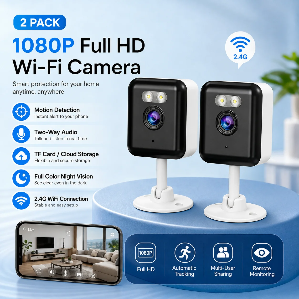 Paquete de 2 Cámaras WiFi 1080P Full HD, Cámara de Seguridad Interior para el Hogar con Audio Bidireccional, Visión Nocturna y Detección de