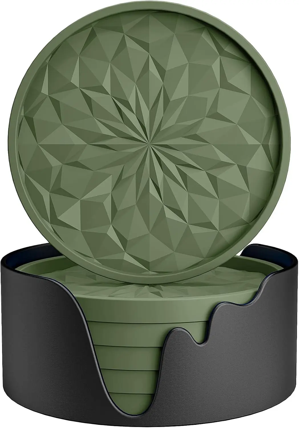

6-Pack Silicone Coasters with Holder - Non-Slip, Thickened Cup Mats for Hot or Cold Drinks in Deep Tray Olive Green