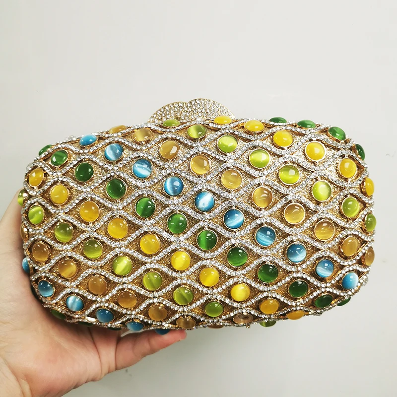 

New Arrival Green/Yellow Stone Women Evening Bag Lady Crystal Clutch Handbags Diamond Wedding Dress Bags Bridal Party Purses