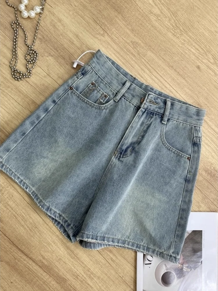 ハイウエストワイドレッグデニムショートパンツ レディース 夏新作 ファッション ルーズフィット プラスサイズ ウェイドヘム カジュアル スタイリッシュ クール感