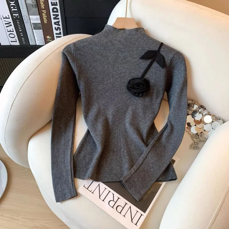 

Трехмерный цветочный воротник с полувысоким воротником, осенне-зимний новый свитер, тонкий темпераментный топ, тонкий срез