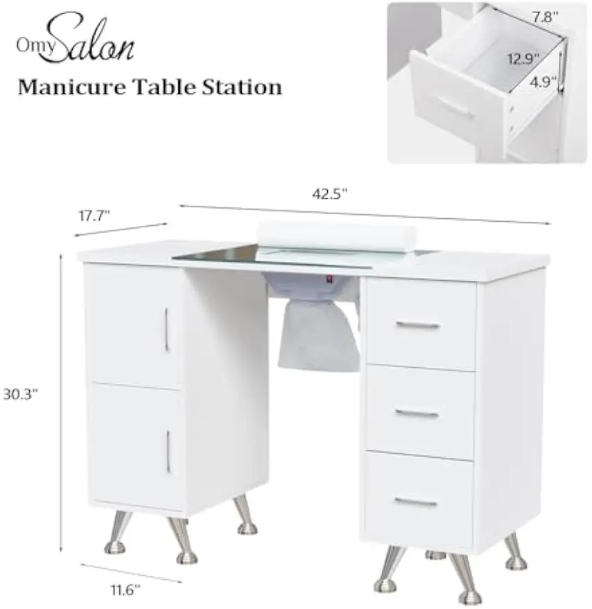 Nail Tech Manicure Workstation Glass Top Wrist Rest Acetone Resistant 2 Side Cabinets 3 Drawers White Beauty Salon Nail Supply D