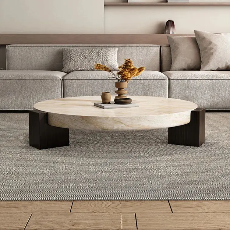 

Minimally Designed New Round Coffee Table Apartment Living Room Furniture with Solid Wood Base and Marble Coffee Table