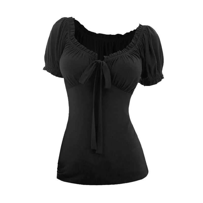 Daily Cute Short Sleeve Solid Color T-shirt Ruffles Bowknot Ruched Empire Waist Scoop Neck Y2K Tops For Girl