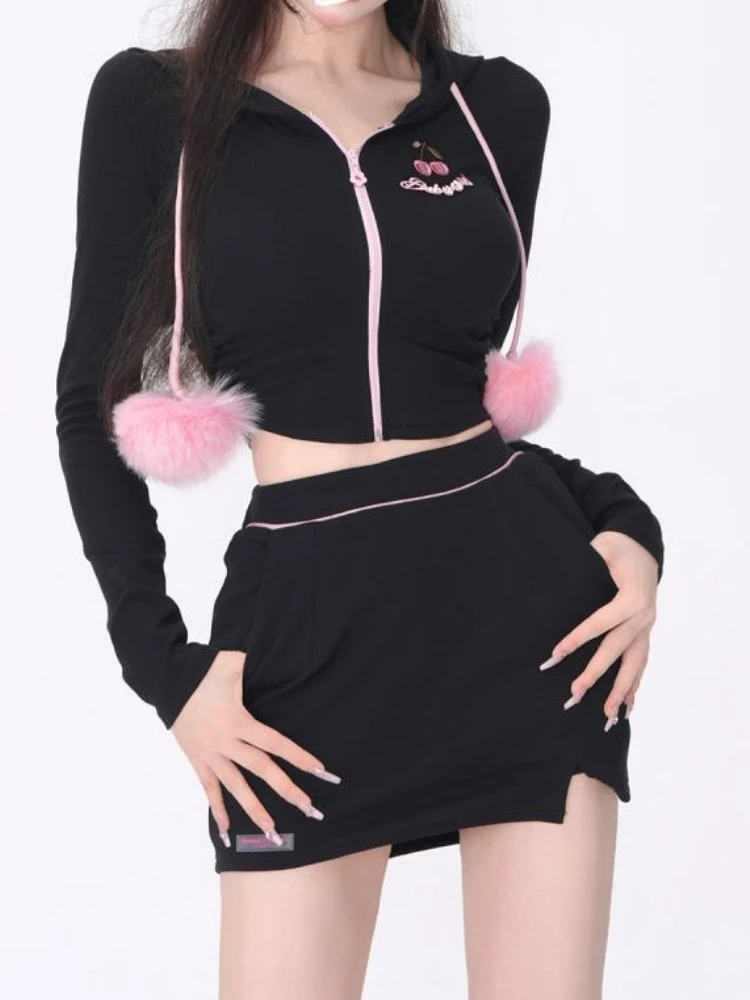 

Black Sexy Designer Two Piece Set Women Hooded Japanese Sweet Kawaii Mini Skirt Suit Female Korean Princess Set Winter 2023 New