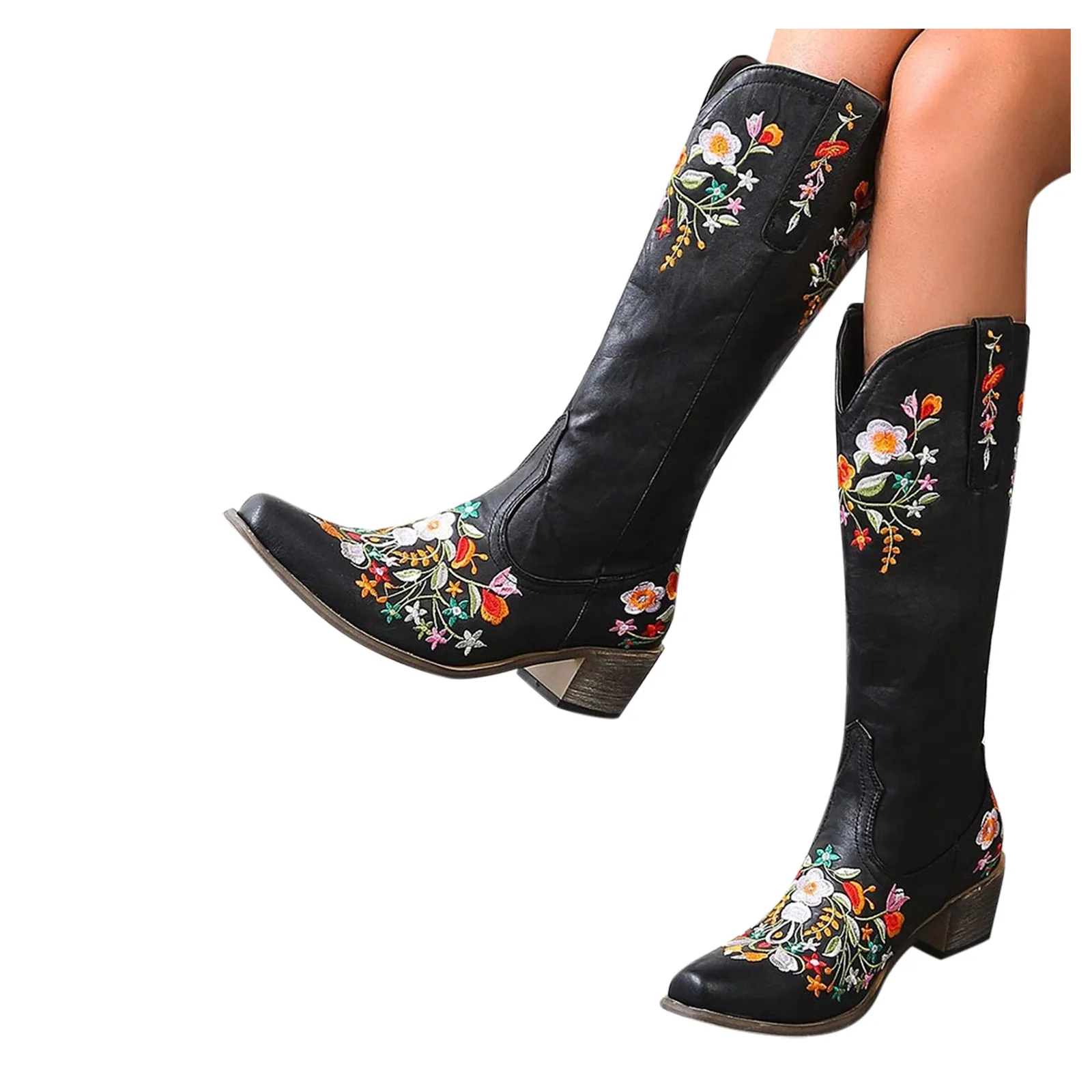 2024 New Varieties Womens Vintage Fashion High Quality Embroidery Mid Heel Boots Female Magnanimity Irregularly Knee High Heels