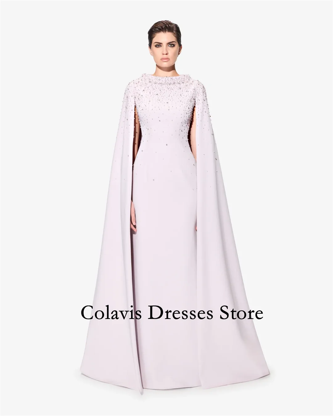 

Colavis Fashion Customized 2024 New Women's Maxi Crystal Hand Beaded Cape Dress Prom Dress Celebrity Crepe Satin Party Dress