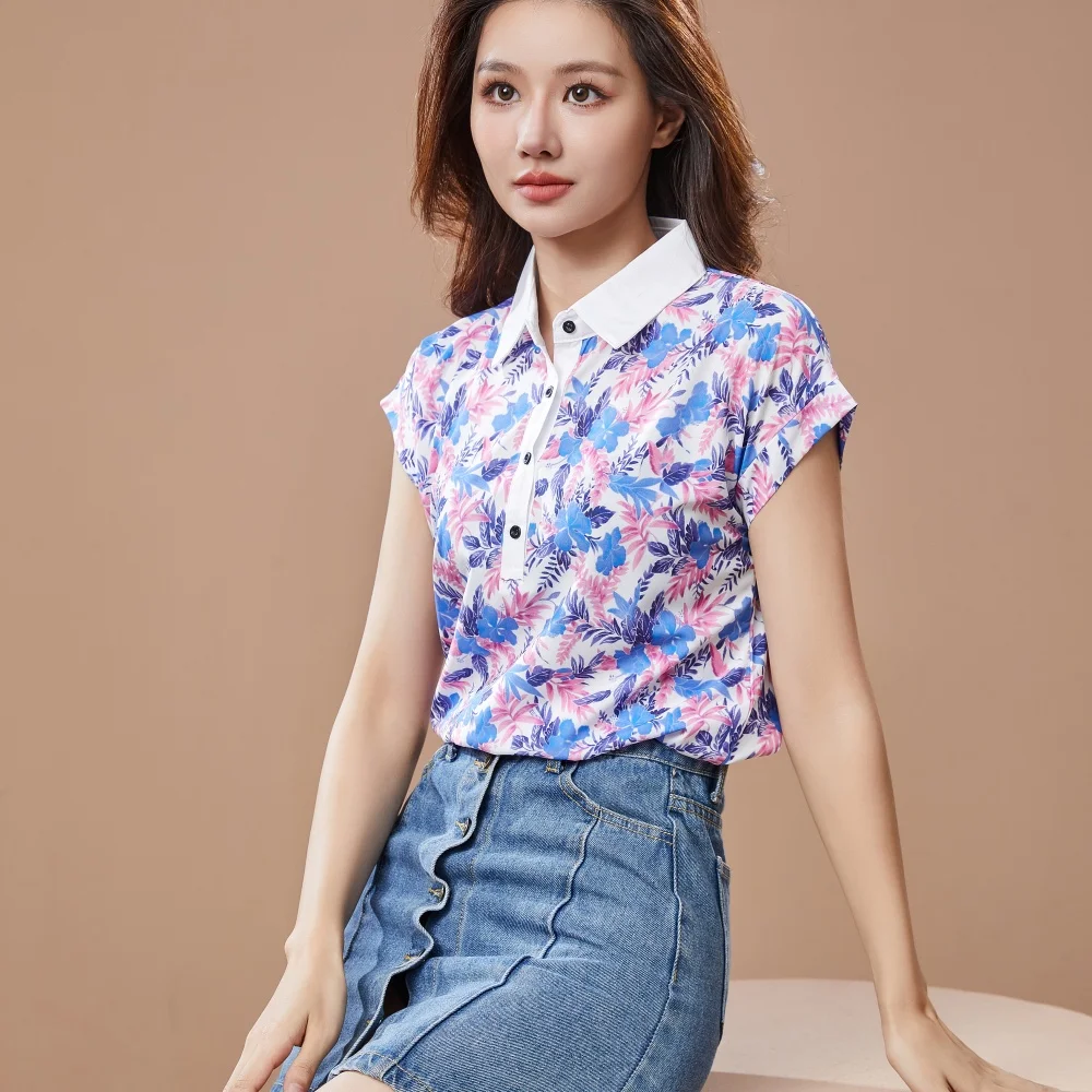 Women Spring Summer Style Blouses Shirt Lady Casual Short Sleeve Turn-down Collar Printed Casual Loose Tops