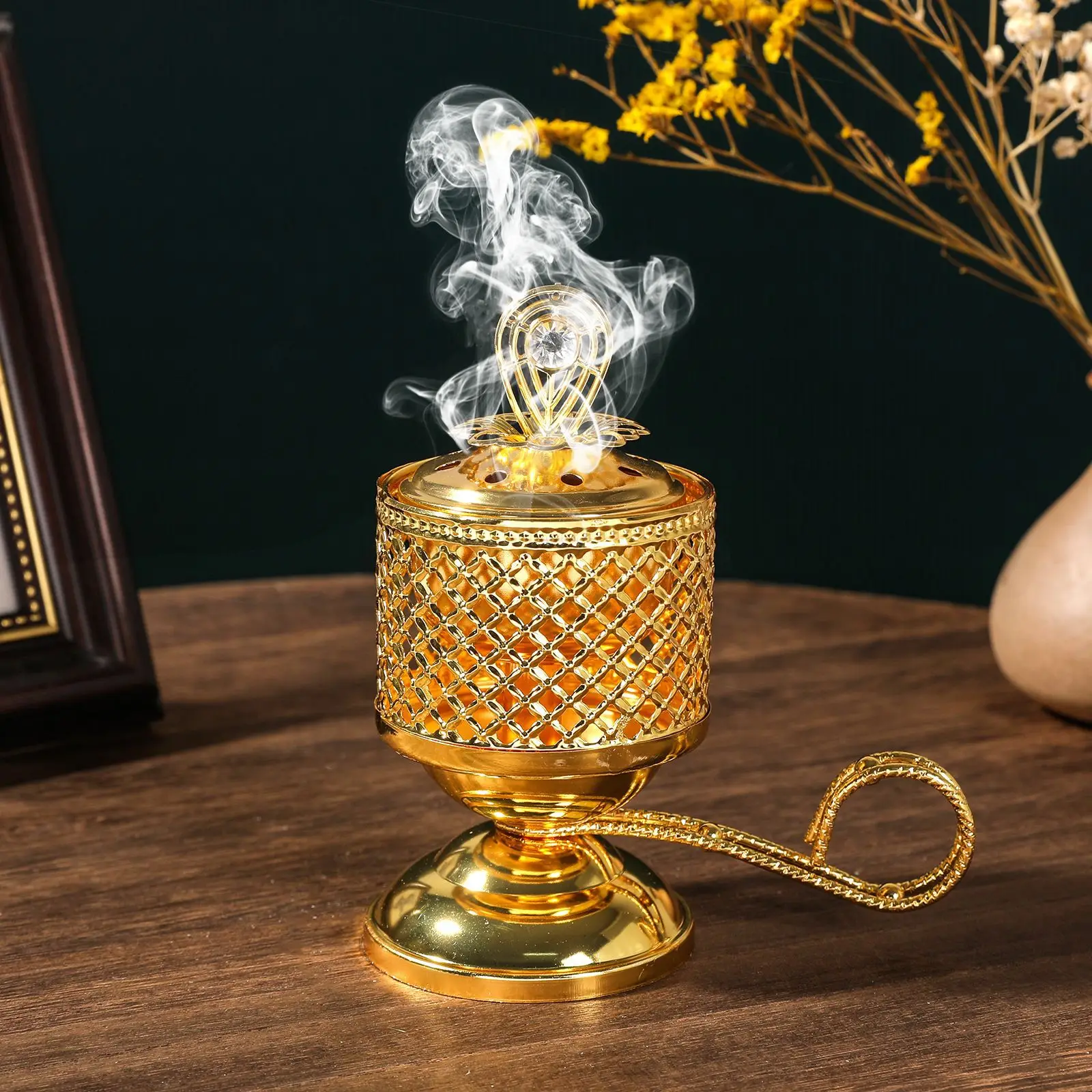 

Golden Iron Charcoal Incense Burner Middle Eastern Arabic Handheld Decor Festival Craft