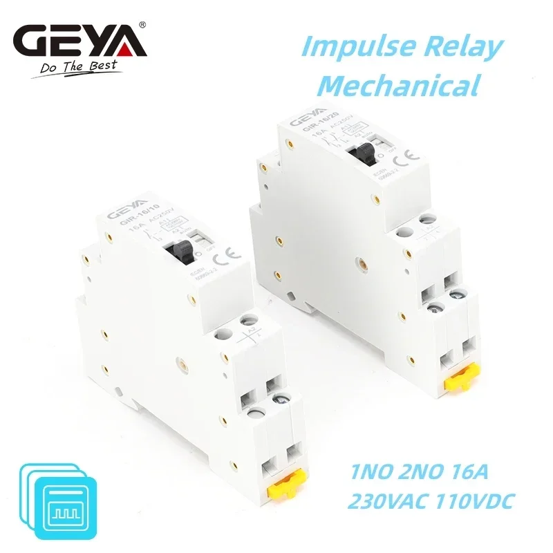 GEYA GIR Mechanical Impulse Relay Household Bistable Latching Auto Control Relay 1P 2P 16A 1NO 2NO Coil 230V AC 110V DC