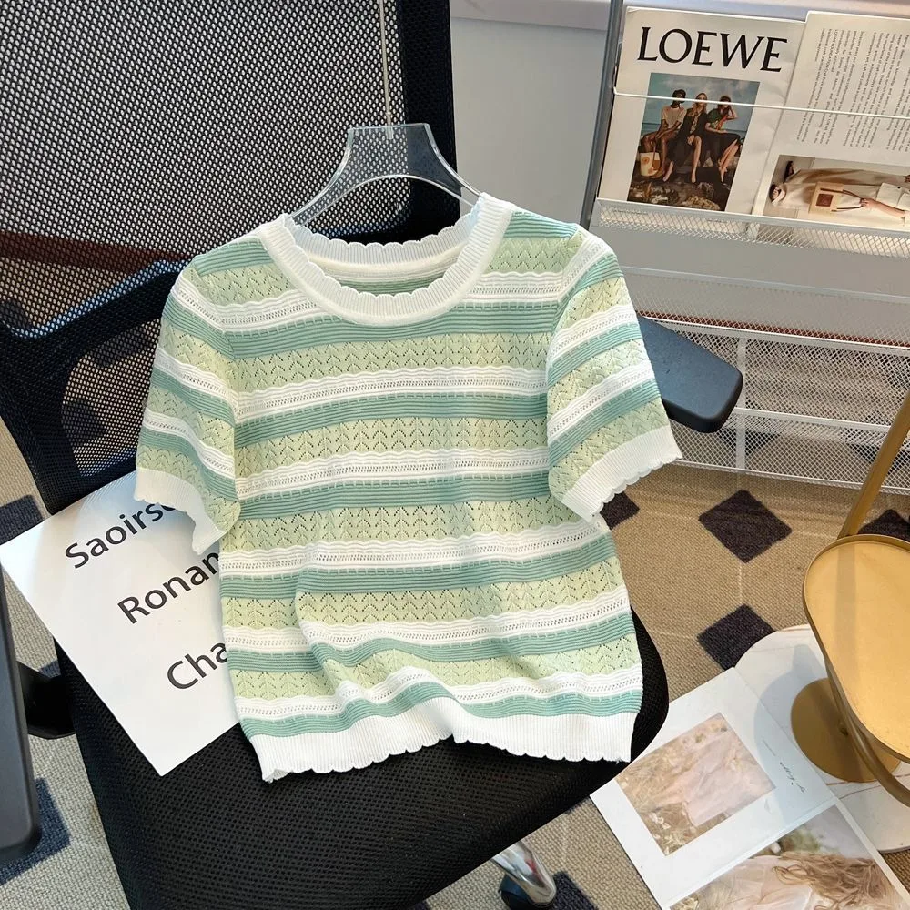 Women Summer Sweater 2025 New Color Block Crew Neck Knitted Top Casual Short Sleeve Elegant Striped Korean Fashion Clothing