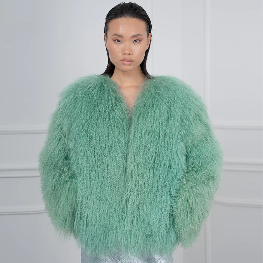 Real Sheep Skin Coat Lamb Fur Coat Women\'s Winter Jackets Light Green Collarless Mongolian Fur Coat High Quality Real Fur Jacket