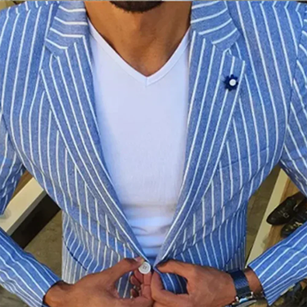 Summer Blue Pinstripe Suits For Men Single Breasted Notch Lapel Two-pieces (Jacket+Pants) Striped Set Smart Causal Full Set