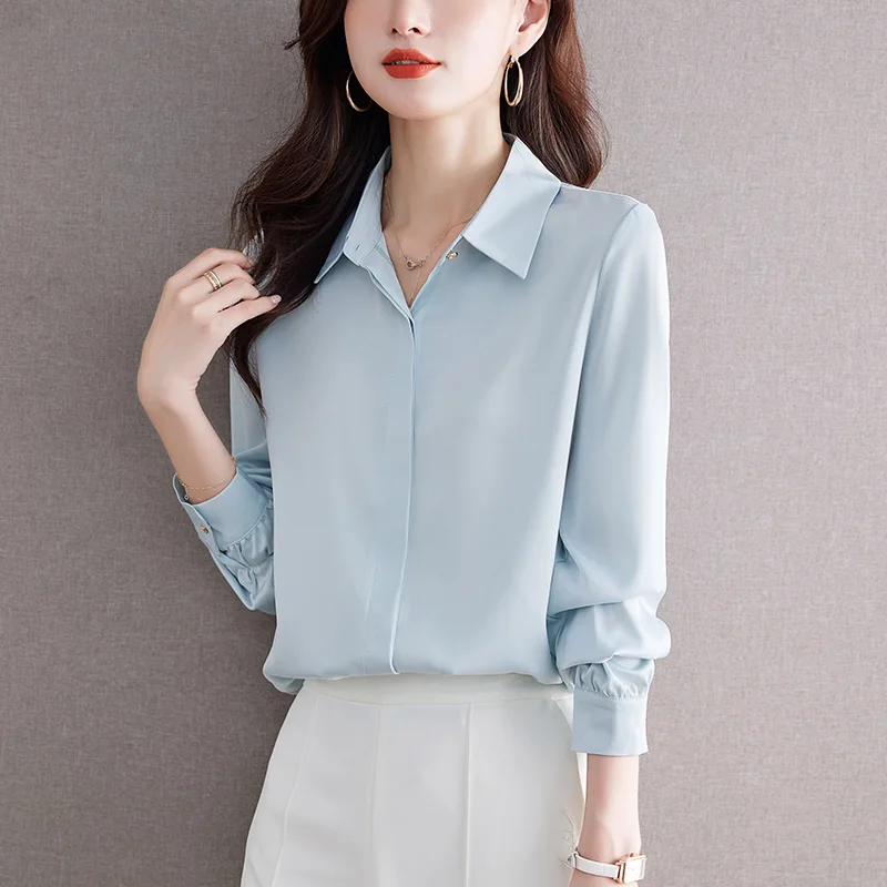 Fashion Women Blouses Satin Elegant Womens Tops Solid Turn Down Collar Women Shirt Long Sleeve Shirts 2023 Autumn Women Clothing