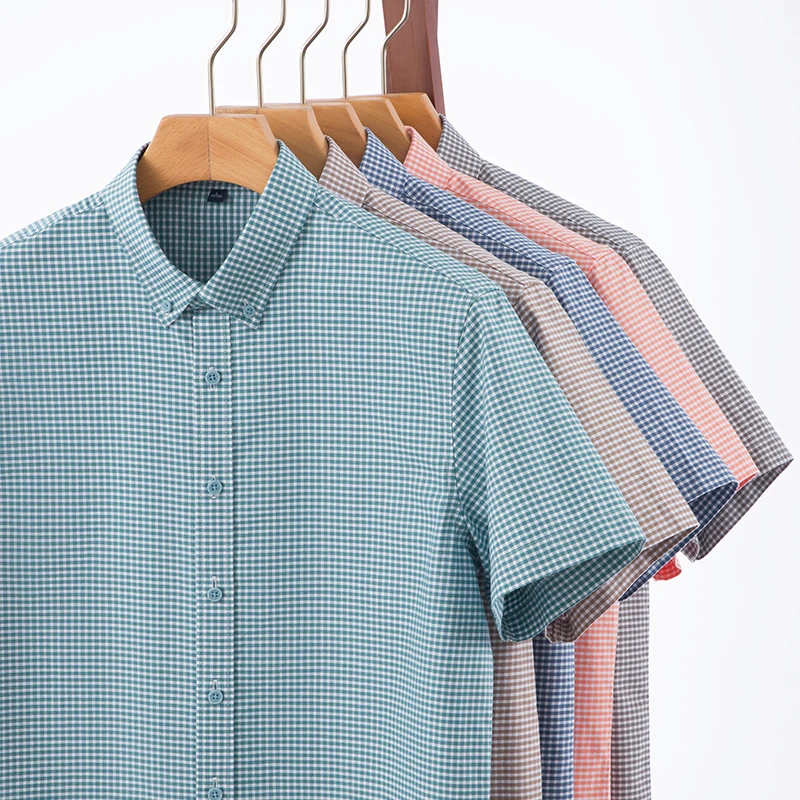 

Hight qualtiy 100%cotton summer short sleeve shirts for men casual houndstooth tops fashion korean plaid elegant clothes