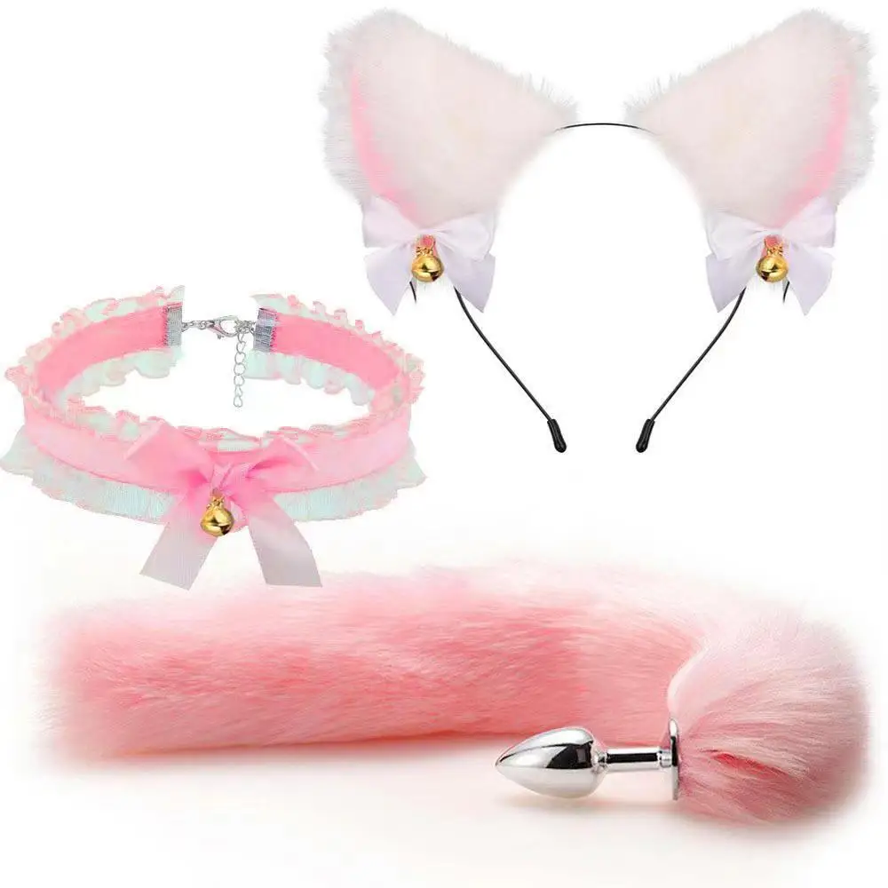 Juguetes sexuales anales, tapón Anal de cola de zorro, diadema con orejas de gato de peluche Sexy con collar de campanas, Juguetes sexuales de