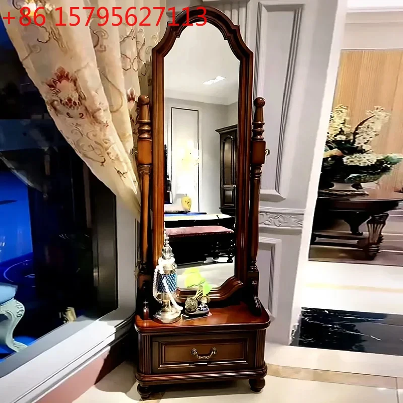 

American solid wood full-length mirror European style, bedroom retro floor mirror rotatable, explosion-proof makeup mirror