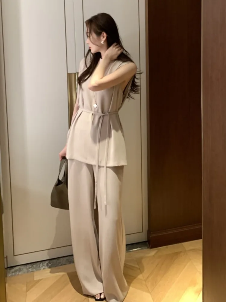 Casual Solid Belt Tank + Top High Waist Wide Leg Pant Sets Office Lady Commuter Loose Trouser Summer 2 Piece Set Women Outfit