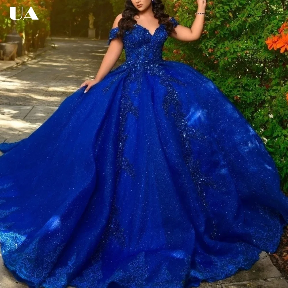 

ULBYANRY Customized Tulle A-line Appliqued Sweet 15 Dress, Sparkly Off-the-shoulder Quinceanera Dress, Elegant V-neck Ball Gown