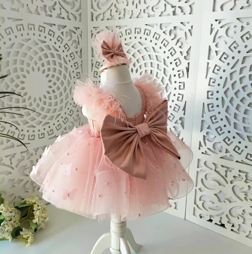 New Pink Baby Girl Dress High Quality Layers Tulle Puffy Girls First Birthday Party Gowns with Bow Kid Size 1-10T