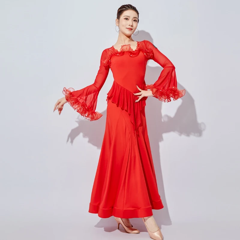 Black Standard Dance Long Dresses Women Flare Sleeve Ballroom Modern Dance Dress Waltz Stage Performance Wear Ball Gowns VDL3323