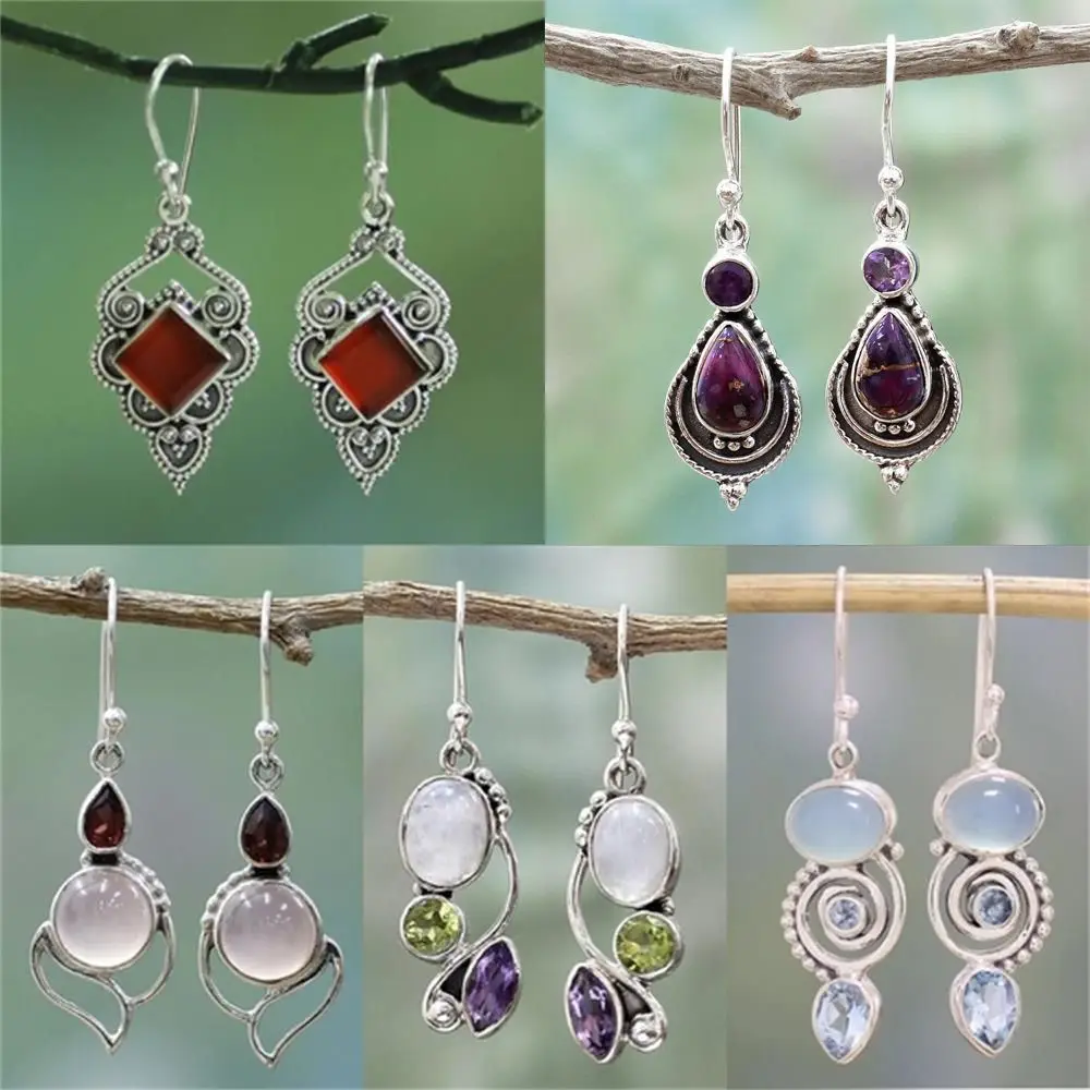 Natural Ear Hook Charm Multi-Gemstone Dangle Earring Rainbow Moonstone & Peridot & Amethyst & Turquoise Pendant Earring Jewelry