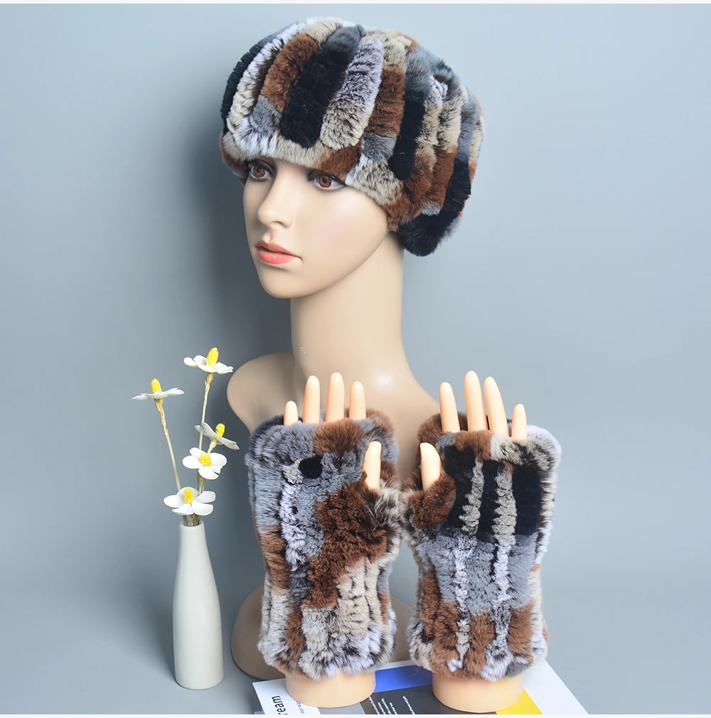 One Set Women Real Rex Rabbit Fur Cuff+Headband Winter Warmer Hat Arm Wrist Sleeve Gloves Female Real Fur Cap+Elastic Wristband