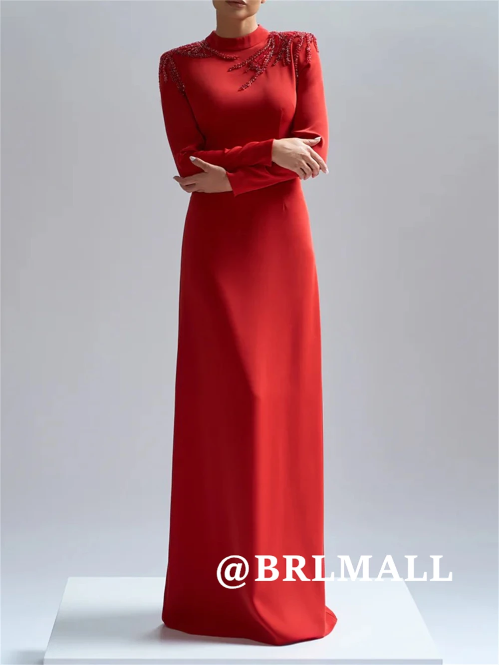 

BRLMALL Длинное платье для матери невесты с круглым вырезом и длинными рукавами, матовые вечерние платья для женщин, вечернее платье-футляр с бисером