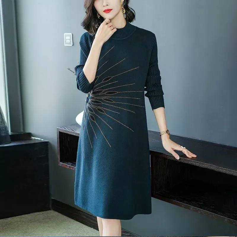 

Elegant Knit Dress With Beaded Detailing For Women Autumn Winter High Neck Long Sleeve A Line Fit And Flare Style