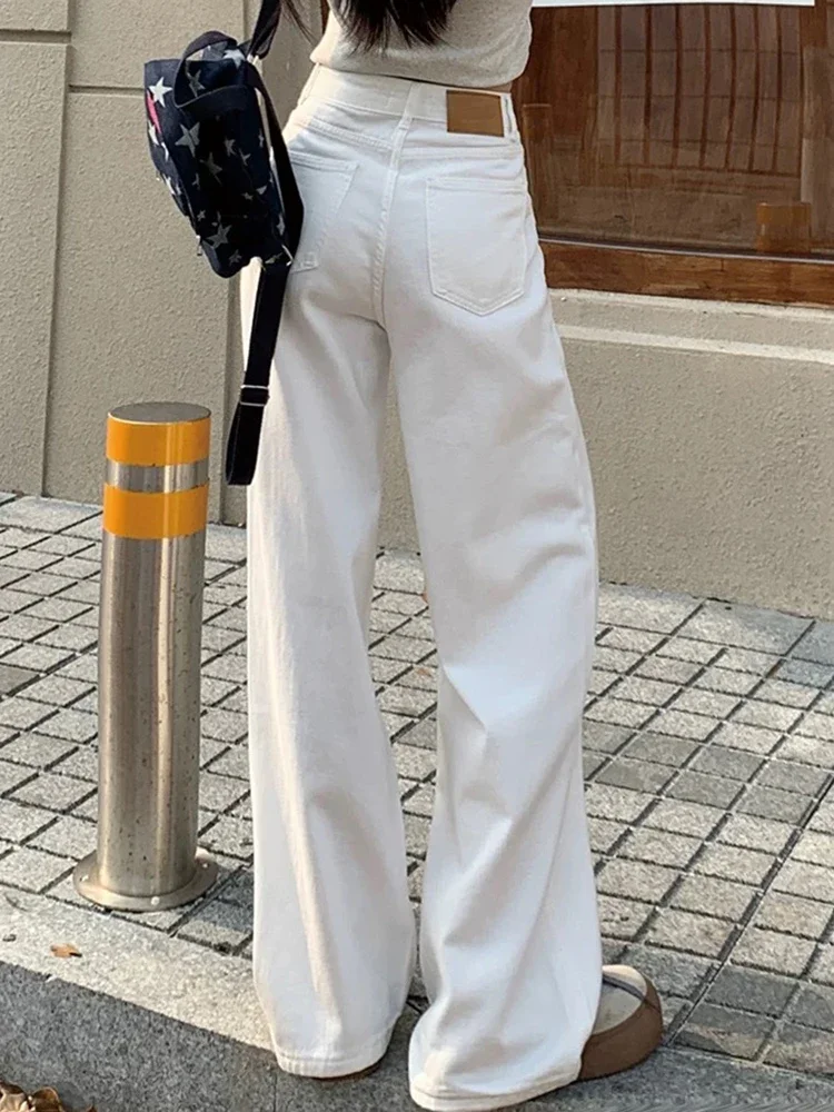 Summer Solid Color High Waist Slim Straight Casual Female Jeans White Classic Loose Fashion Simple Vintage Female Wide Leg Pants