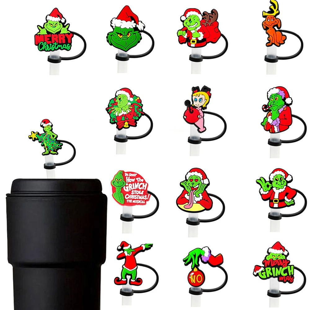 Christmas Cartoon Silicone Straw Toppers for 10mm,Straw Caps for Glass Cup,with 30&40Oz Tumbler with Handle Dust-Proof Reusable