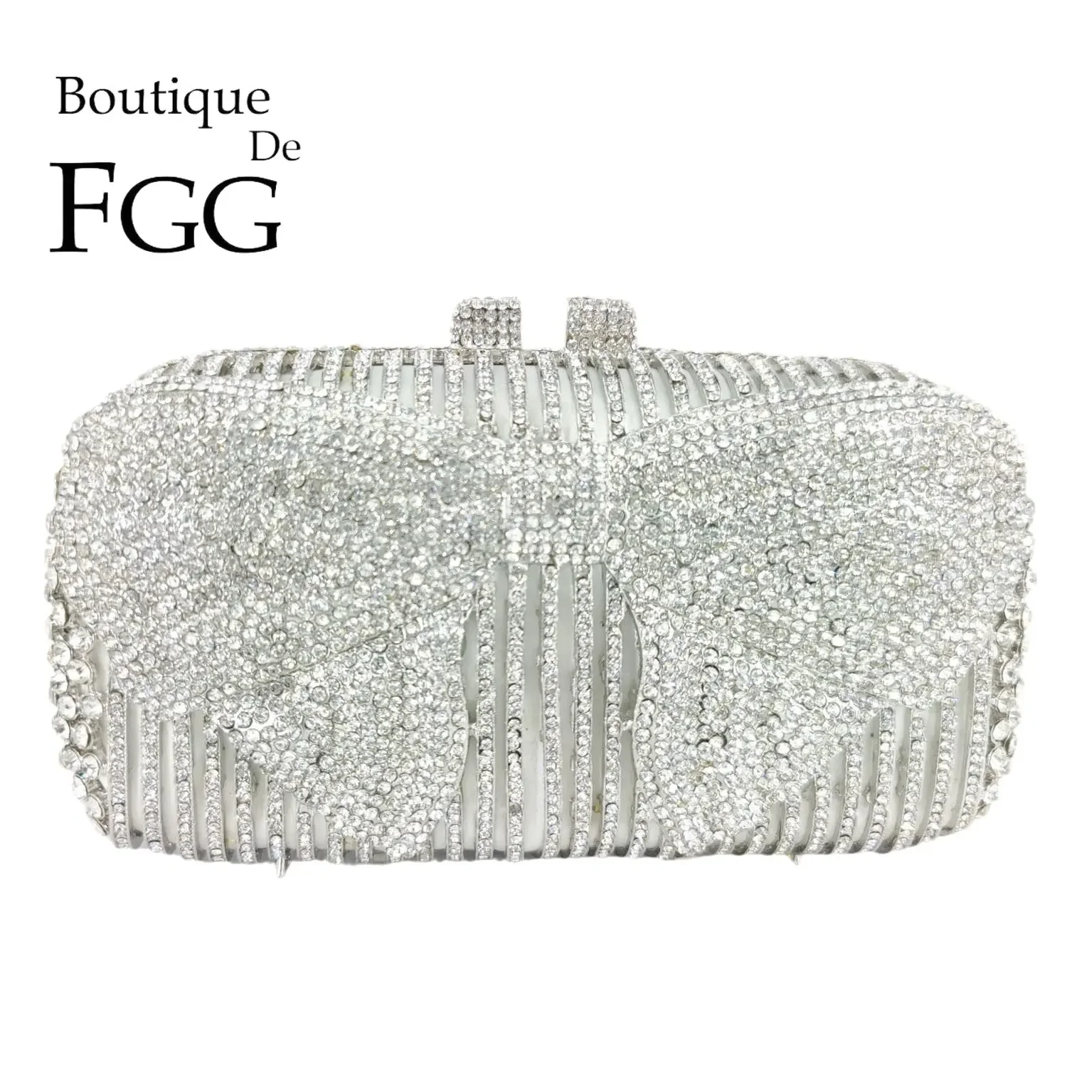 

Boutique De FGG Elegant Women Silver Crystal Bow Clutch Evening Bags Wedding Party Ladies Rhinestone Handbags and Purse