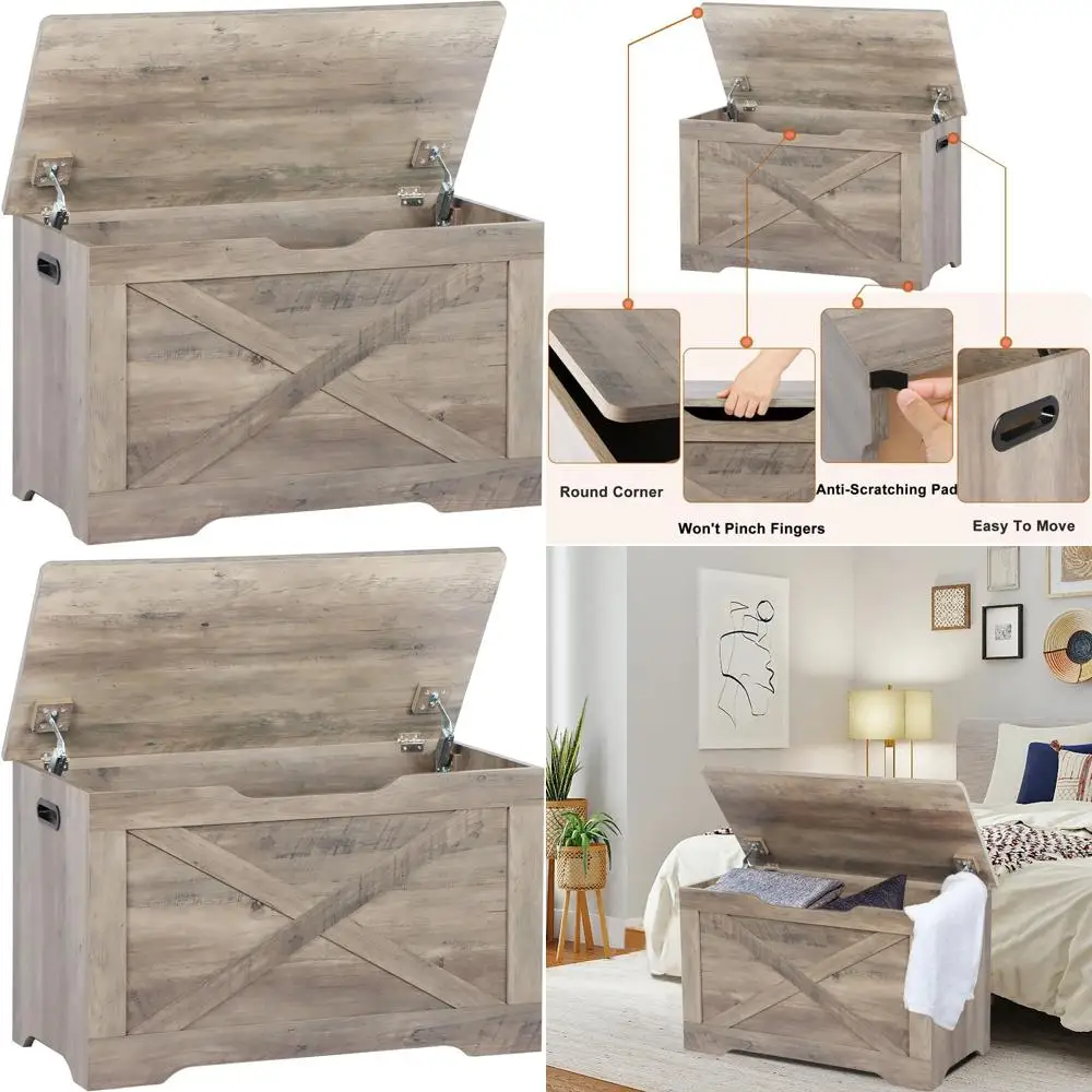 Bangku Penyimpanan Kayu Abu-abu dengan 2 Engsel, 15.7x31.5x18.9, Penyimpanan Sepatu di Pintu Masuk untuk Ruang Tamu & Kamar Tidur