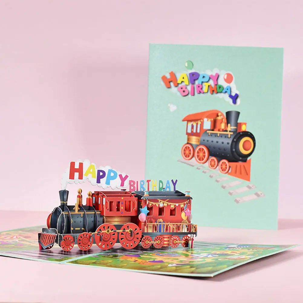 

1Set Birthday Train Greeting Card Exquisite Paper -Up Handmade Birthday Cards Creative Blessing Cards