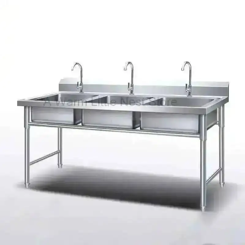 

School Steel Sinks Stainless Commercial Modern Kitchen Canteen Washbasin Kitchen Accessories Luxury Home Three-slot Washbasin GL
