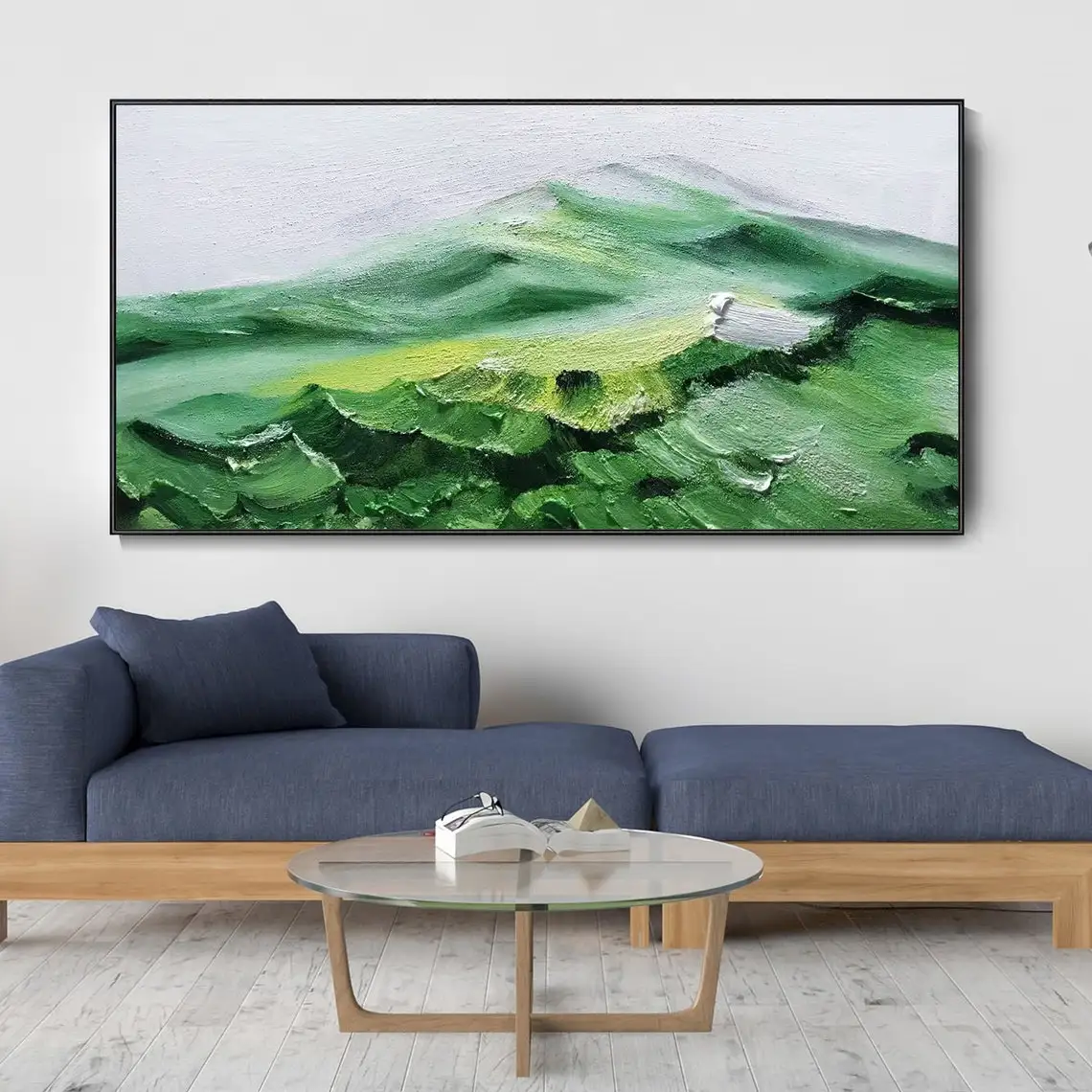 Large Heavy Texture Snow Mountain Oil Painting On Canvas Hand Painted Green Landscape Atmospheric Cloud Wall Art For Living Room