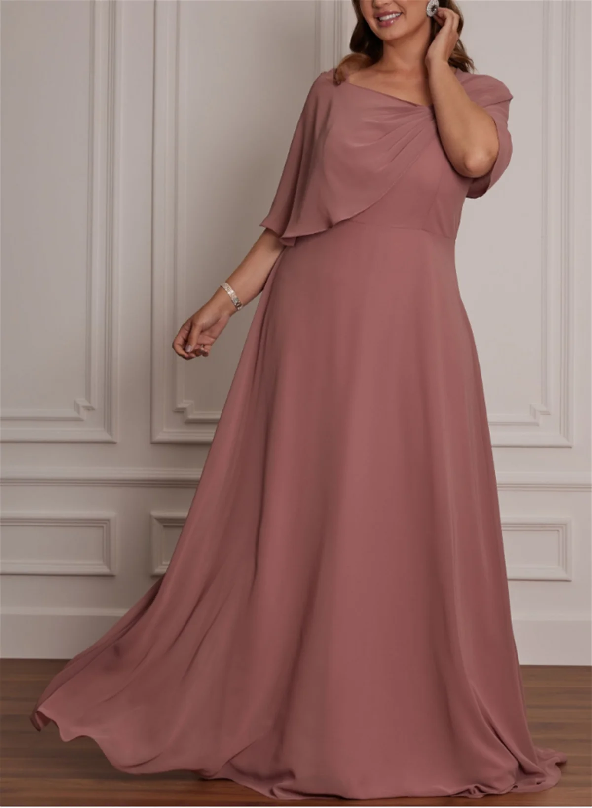 

Mother of the Bride Dress Elegant V Neck Ankle Length Chiffon Half Sleeve with Ruching 2024 Custom New estidos de boda invitada