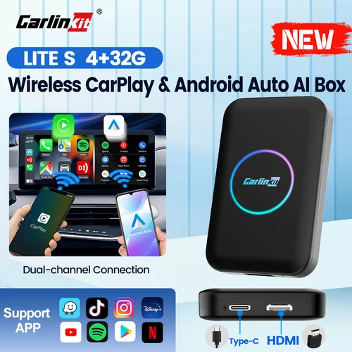 CarlinKit Mini inalámbrico Carplay TV Box 4 + 32G 5 en 1 Android Auto inalámbrico AI Box pantalla HD adaptador CarPlay para Youtube Neflix