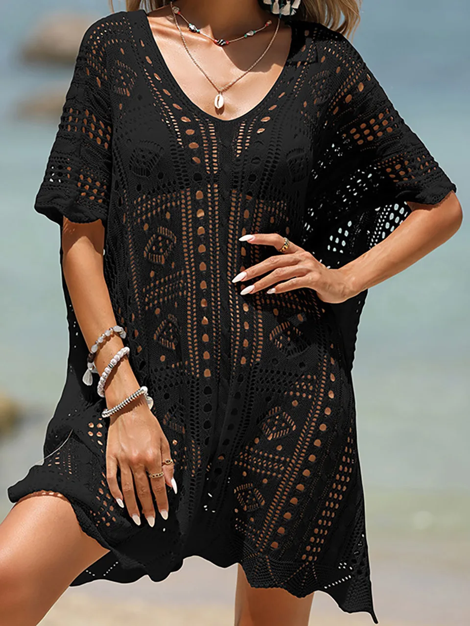 Sexy Knitted Hollow Out Beach Cover Up Midi Dress for Women Solid Sheer Mesh Tunic Ladies Outfits 2023 Summer Bikini Cover-ups