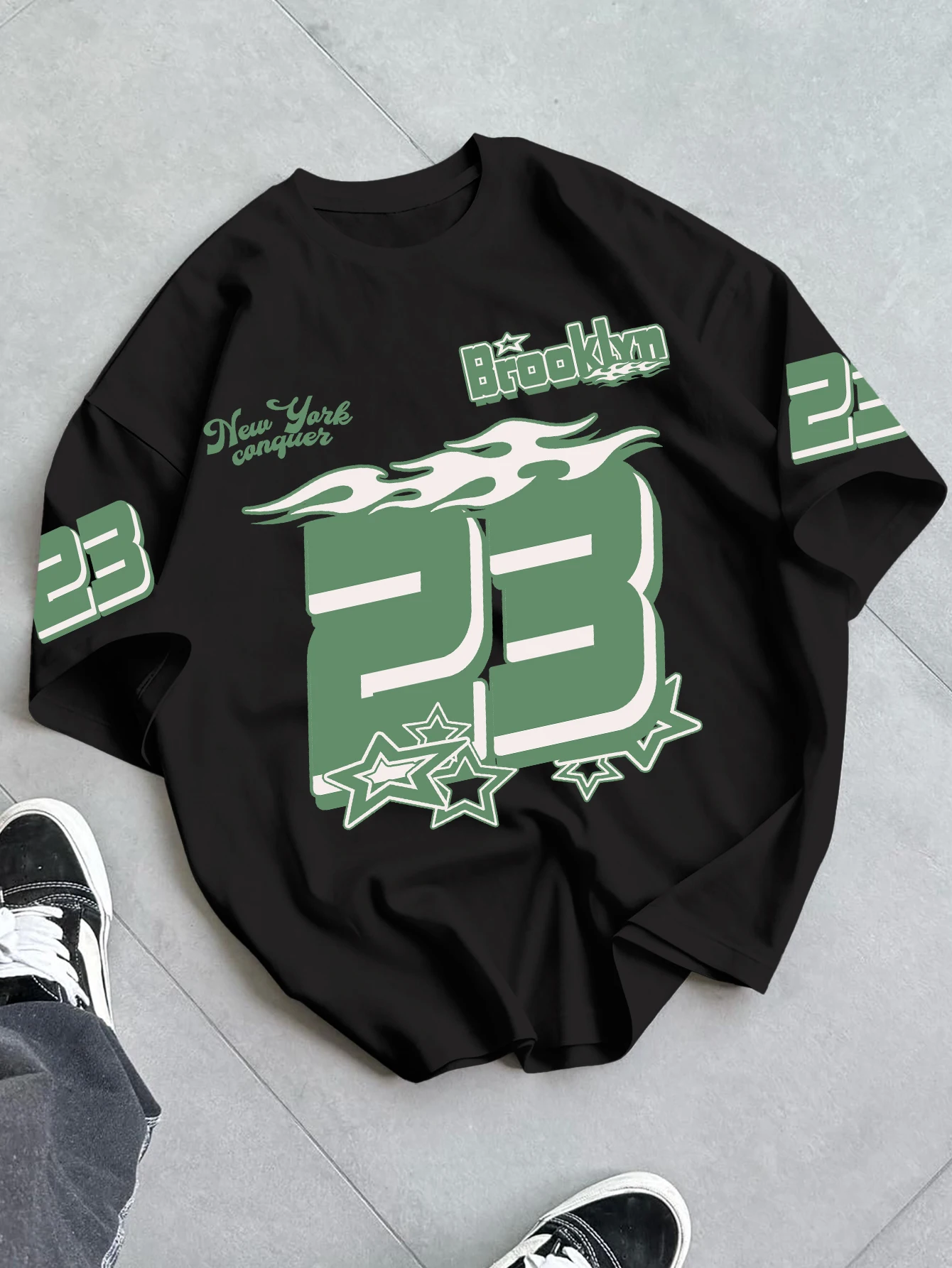 Men T-Shirt Brooklyn New York Number 23 Flame Star Print Polyester Vintage Street Casual Tops S-XXL