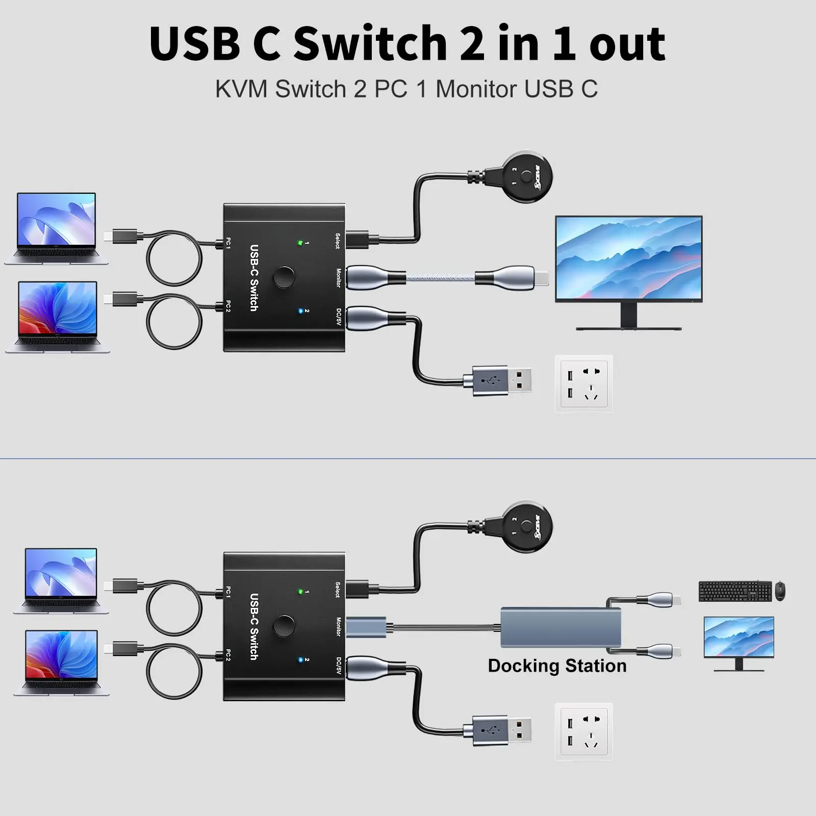 محول USB C 2 كمبيوتر، مفتاح KCEVE ثنائي الاتجاه USB من النوع C KVM 8K@60 هرتز 4K@120 هرتز فيديو/10 جيجابت في الثانية نقل البيانات/100 وات شحن