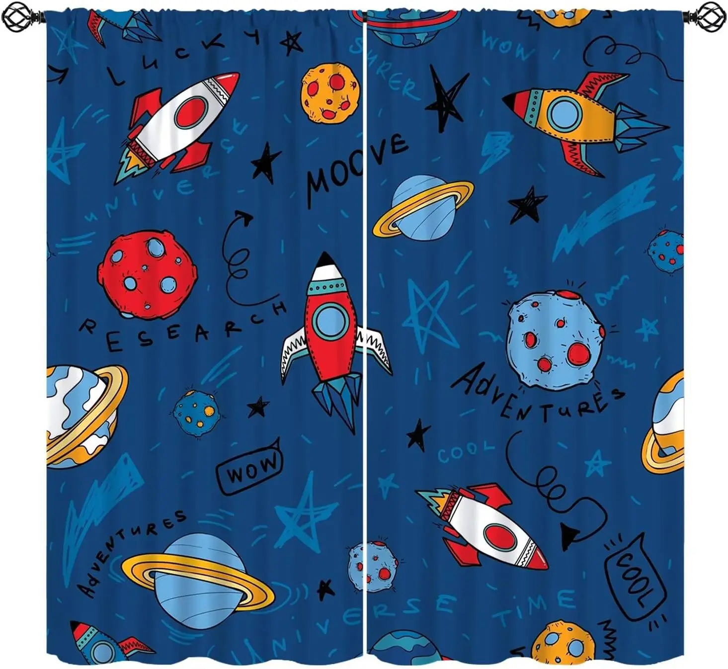 Cartoon Space Universe Curtains,Solar System Planet Rocket Spacecraft Print Decor Rod Pocket Window Treatments for Kids Girls