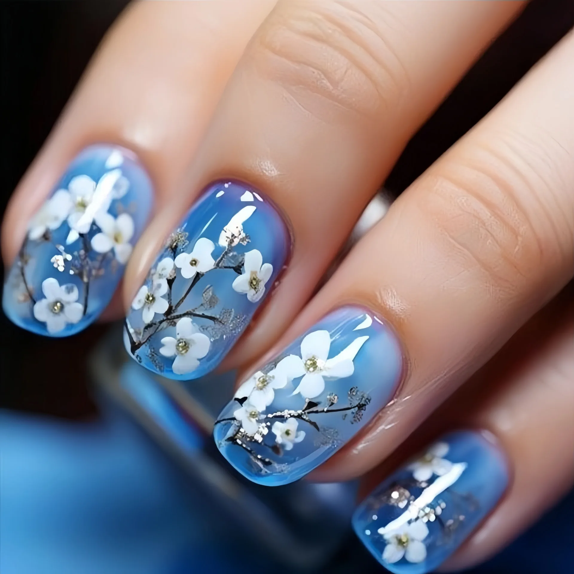 أظافر صناعية متوسطة الحجم للنساء والفتيات، زهور الربيع والصيف، أزرق أرجواني وأبيض، أطراف أظافر لامعة أو لامعة، اضغط على الأظافر الصناعية #1