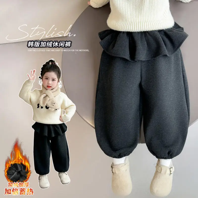 Girl Winter Thicken Pants Autumn Ankle Strap Fleece-Lined Sweatpants Child Elastic Waist Fashion Cute Keep Warm Casual Clothing