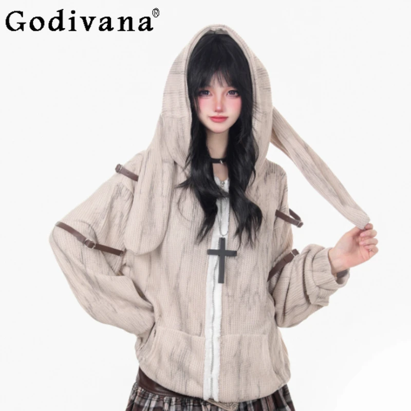 

Spring Summer New American Vintage Do Old Hooded Sweatshirt Jacket Women Fashion Personality Punk Loose Zipper Long Sleeve Top