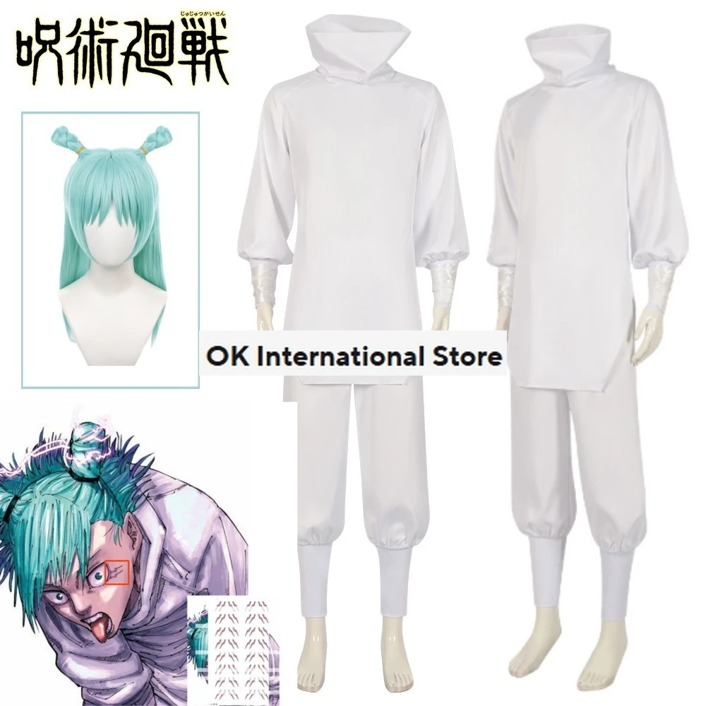 Anime Jujutsu Kaisen Cosplay Kashimo Hajime Cosplay Costume White Uniform Top Pant Wig Tattto Stickers Outfit Carnival Costumes